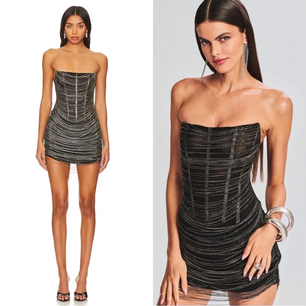 RETROFETE Bianca Beaded Chain Embellished Draped Corset Black Mini Dress Sz M